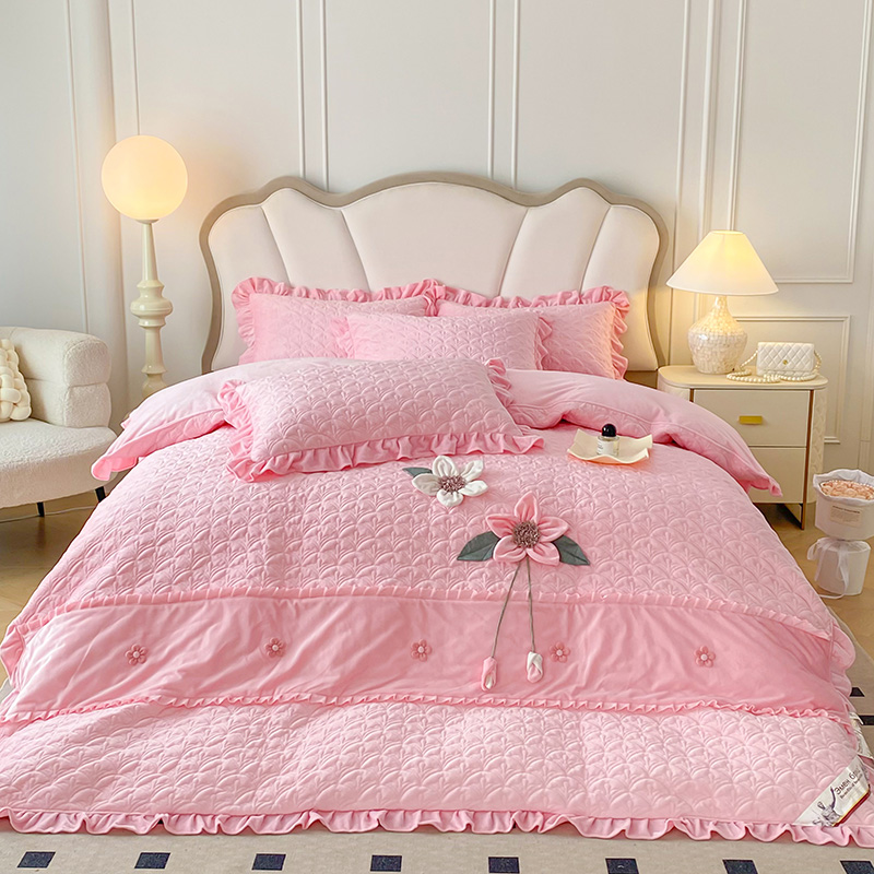 送礼【正品】夹棉加厚双面婴儿绒四件套床盖款四件套公主风水晶绒