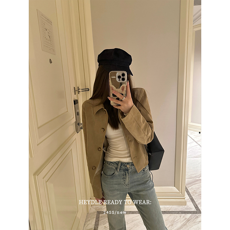 黑豆哼哼 醇厚美拉德*翻领小众外套女春秋短款复古卡其色夹克上衣