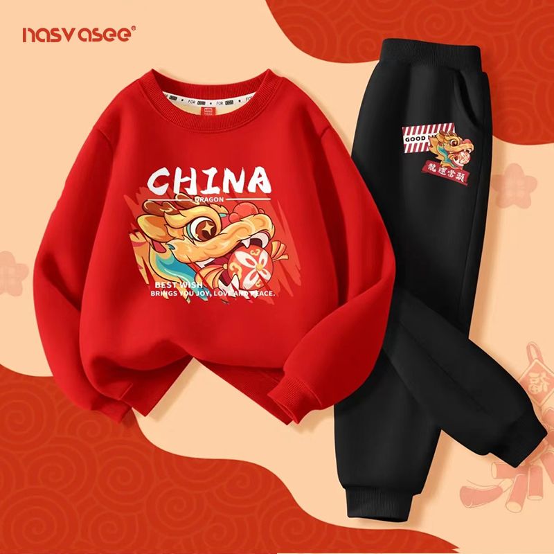 儿童秋冬款加绒套装卡通男童拜年服2024新款龙年过年衣服红色喜庆