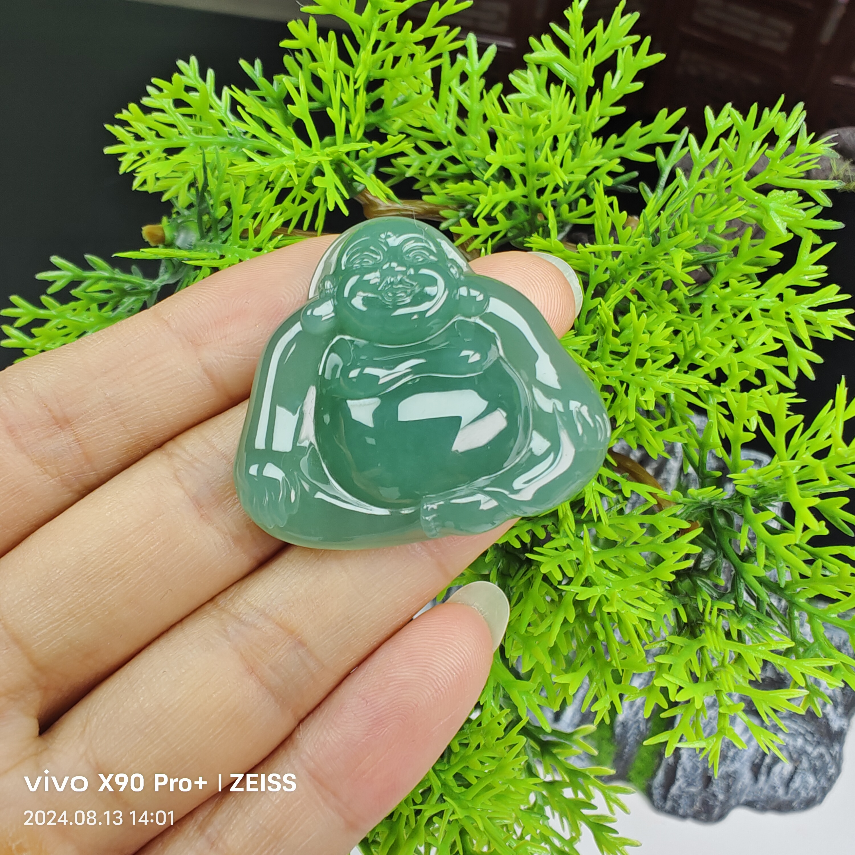 天然缅甸A货翡翠冰胶蓝水佛公吊坠，尺寸32.5*36.2*7.8