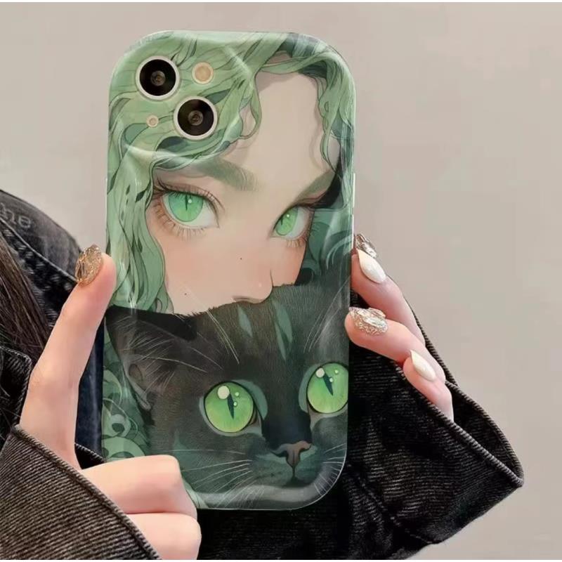 高级感绿猫女孩奶油手机壳适用苹果15pro华为mate60小米VIVO/OPPO