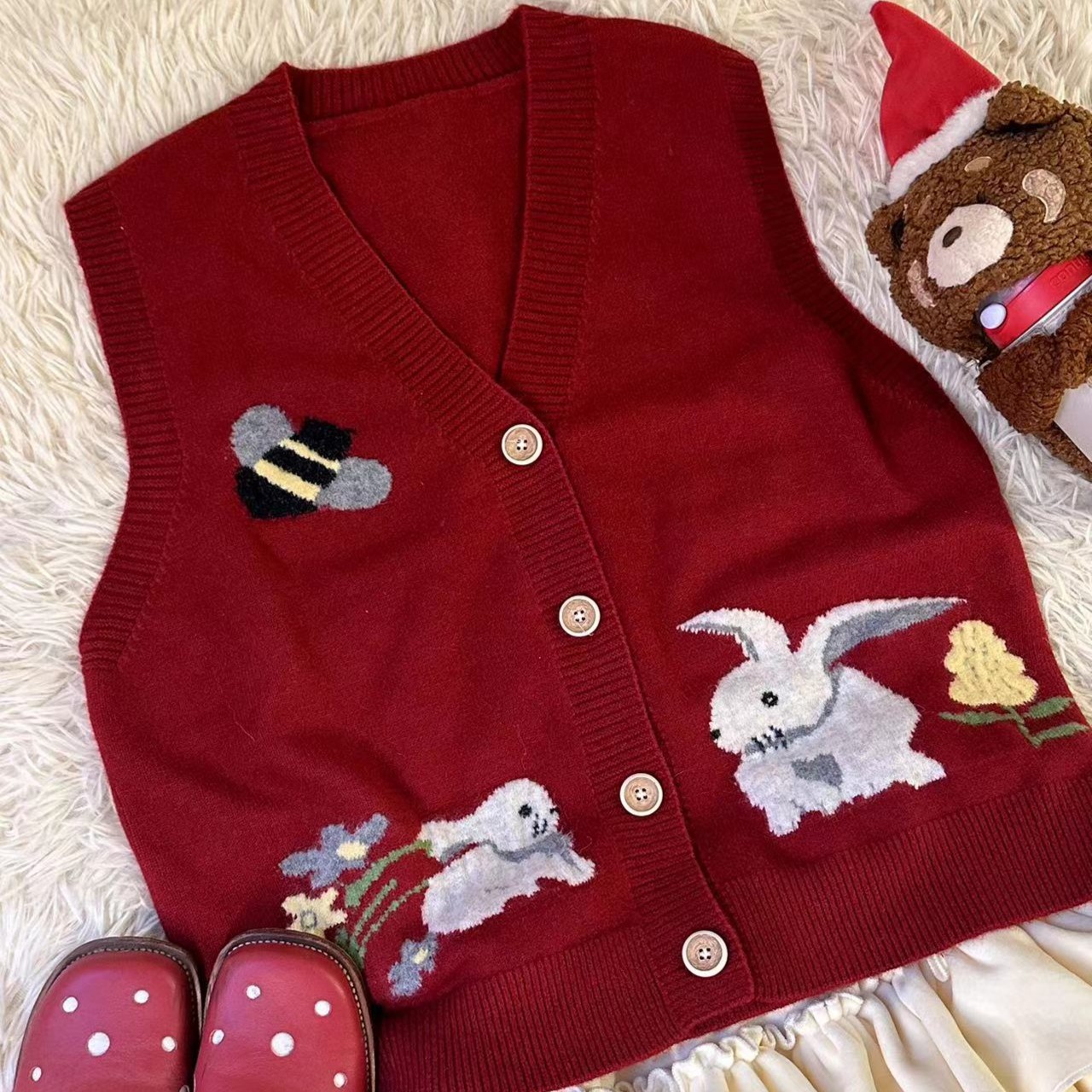 复古红色兔兔毛衣背心秋款针织宽松可爱圣诞秋冬加厚开衫显瘦洋气
