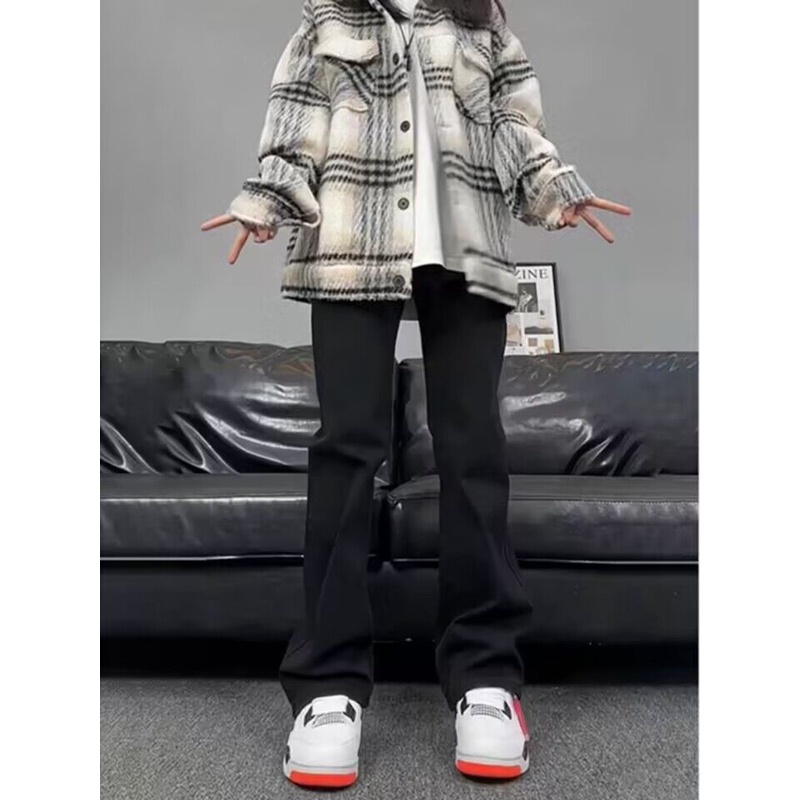 黑色加绒牛仔裤男秋冬cleanfit裤子美式高街vibe显腿长显瘦微喇裤