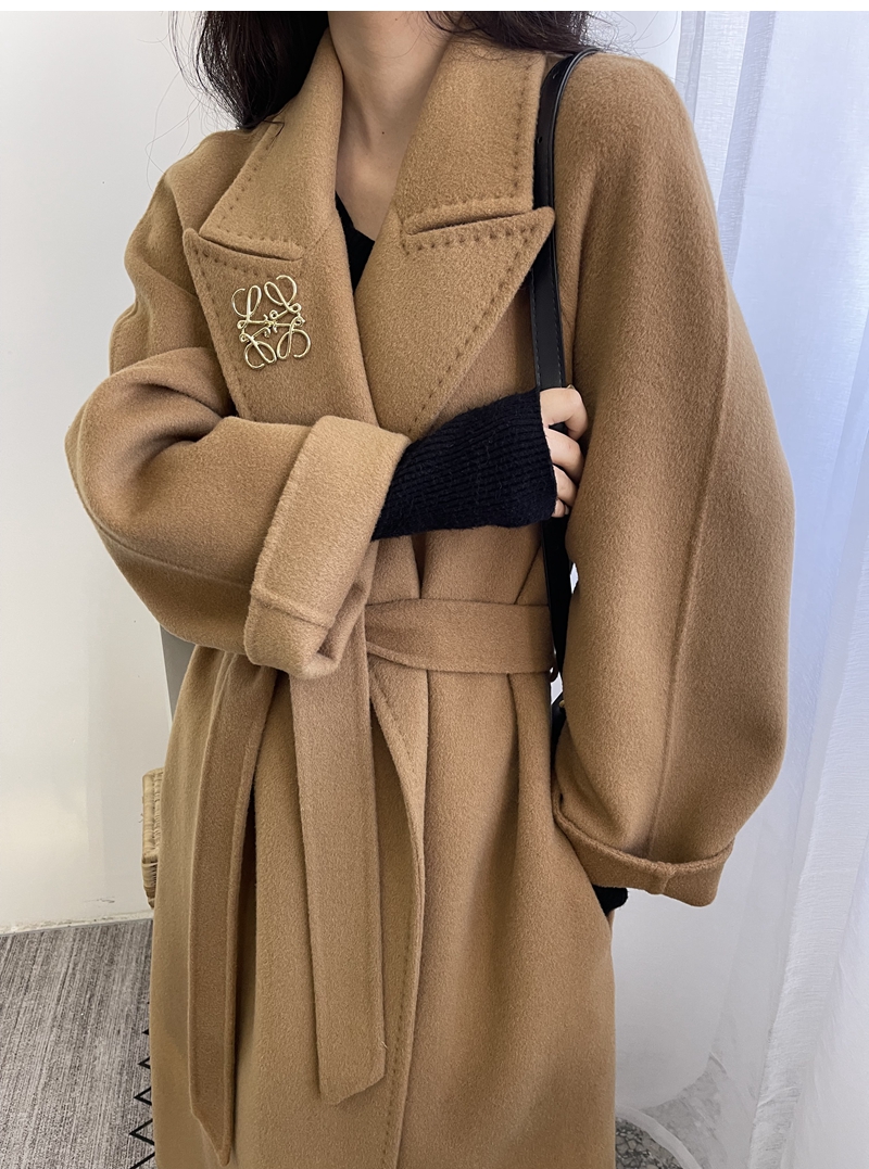 毛呢外套女2024年新款高端系带洋气驼色双面呢大衣女中长款加厚