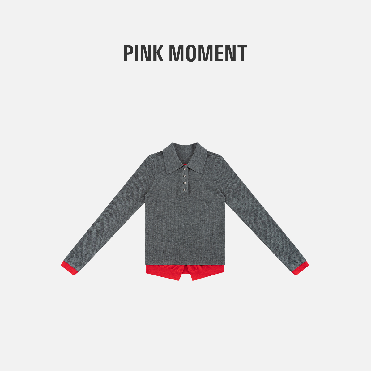 PM王囡囡 “灰调蔷薇” 灰红撞色Polo领羊毛针织衫 NC1D0908