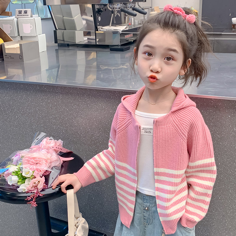 女童开衫毛衣春秋儿童拉链上衣女孩连帽针织衫外套洋气直播K2520