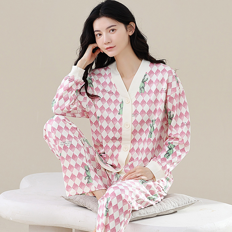 100%纯棉加厚长袖V领月子睡衣女秋冬季款对襟青年简约家居服套装