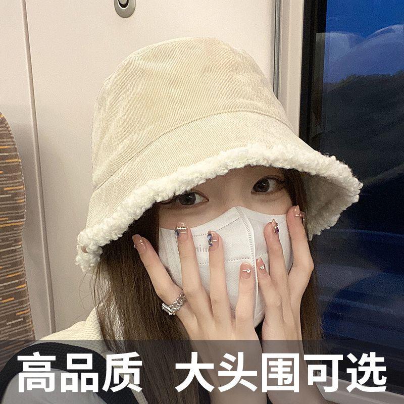 渔夫帽冬女双面羊羔毛秋冬百搭毛绒水桶冷帽子显脸小可爱保暖时尚