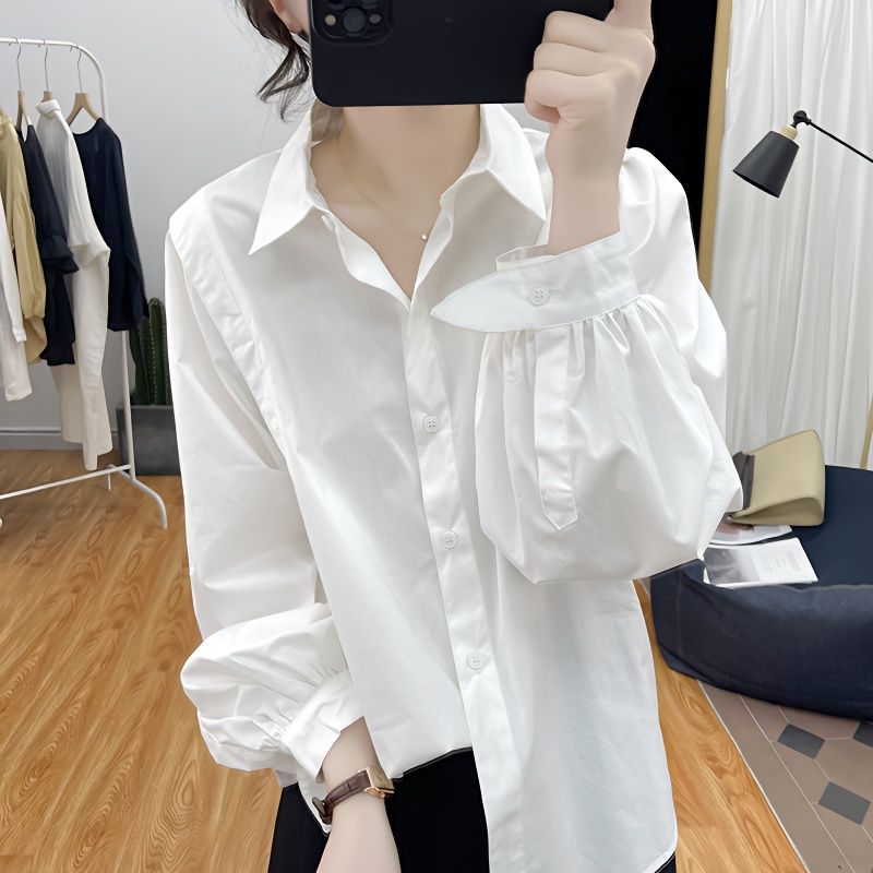 韩国棉质灯笼袖长袖衬衫女2023春季新款宽松减龄上衣打底衫衬衣