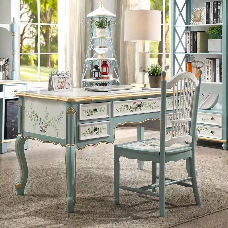 美式实木书桌书房家用复古彩绘电脑家用桌地中海学生写字桌椅组合