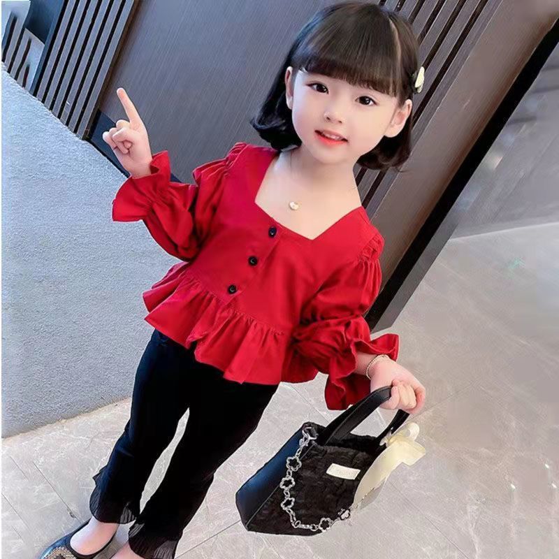 巴巴童装女童春装套装2023年新款韩版时髦小童衬衫喇叭裤女宝宝洋