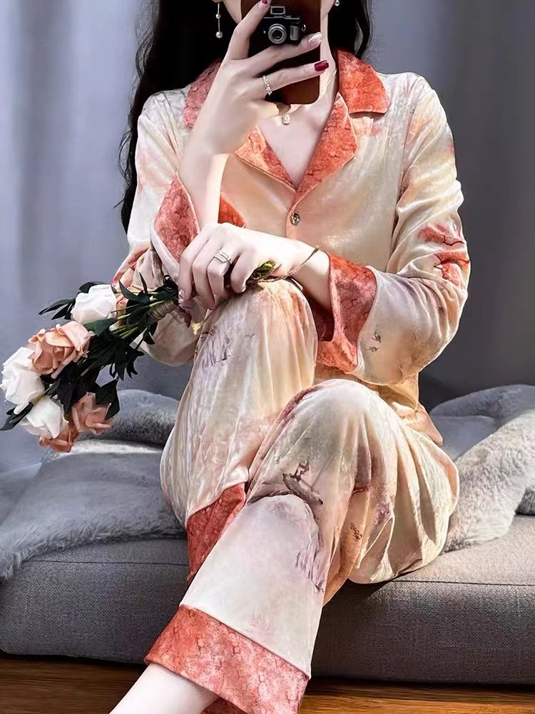 高级感轻奢国风山水睡衣女气质网红时尚奢华睡衣家居服女印花套装