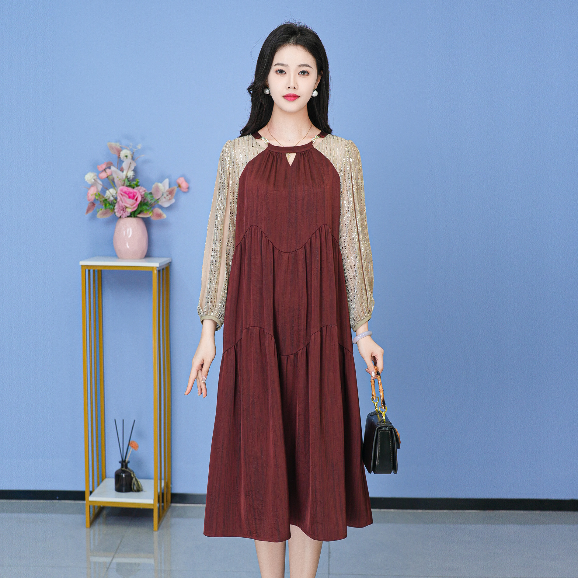 早秋新款连衣裙中长款气质中式收腰印花修身女装连衣裙【SJYF1825】