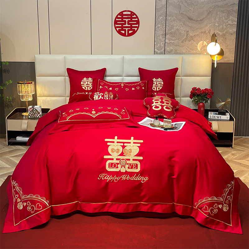 JIUYEJIAFANG/九叶家纺全棉刺绣大红婚庆四件套六件套系列5