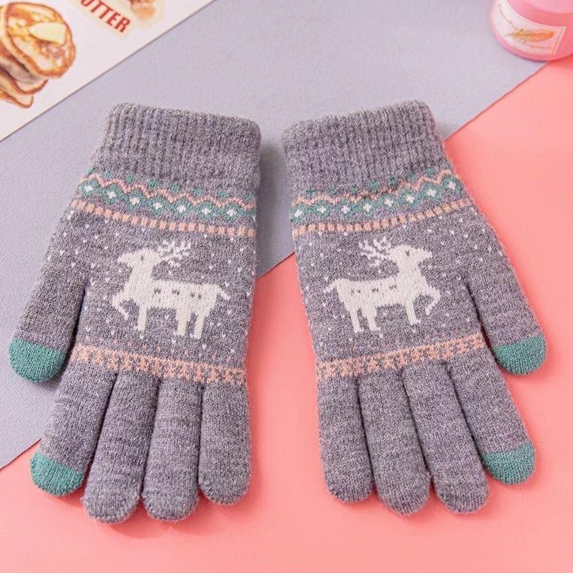【新店福利】秋冬经典韩版可触屏针织保暖手套可爱卡通小鹿提花暖秋