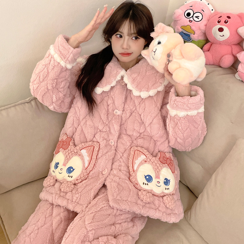 三层加厚加绒夹棉睡衣女士冬季甜美卡通珊瑚绒可外穿家居服 8986