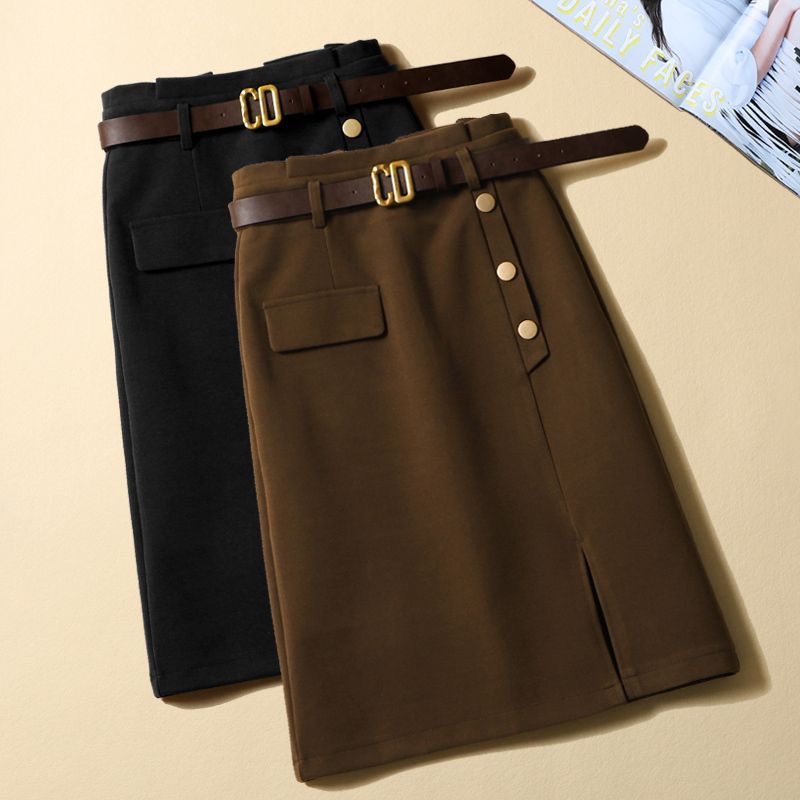  2025秋冬毛呢半身裙女中长款高腰咖色小个子开叉a字包臀裙子冬裙