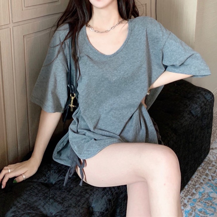 夏季新款XL-4XL宽松显瘦弧形下摆开叉上衣女中长款短袖纯棉T恤536