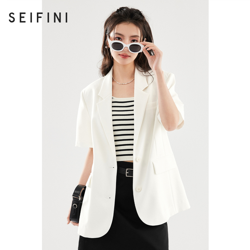 【王雪糕专属】诗凡黎薄款粉色翻领西装2024夏新款白色外套职业感气