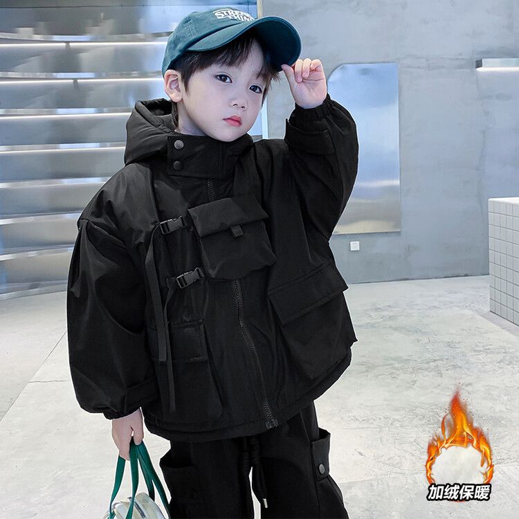 男童外套冲锋衣加绒加厚秋冬新款痞帅儿童工装派克服冬装棉服