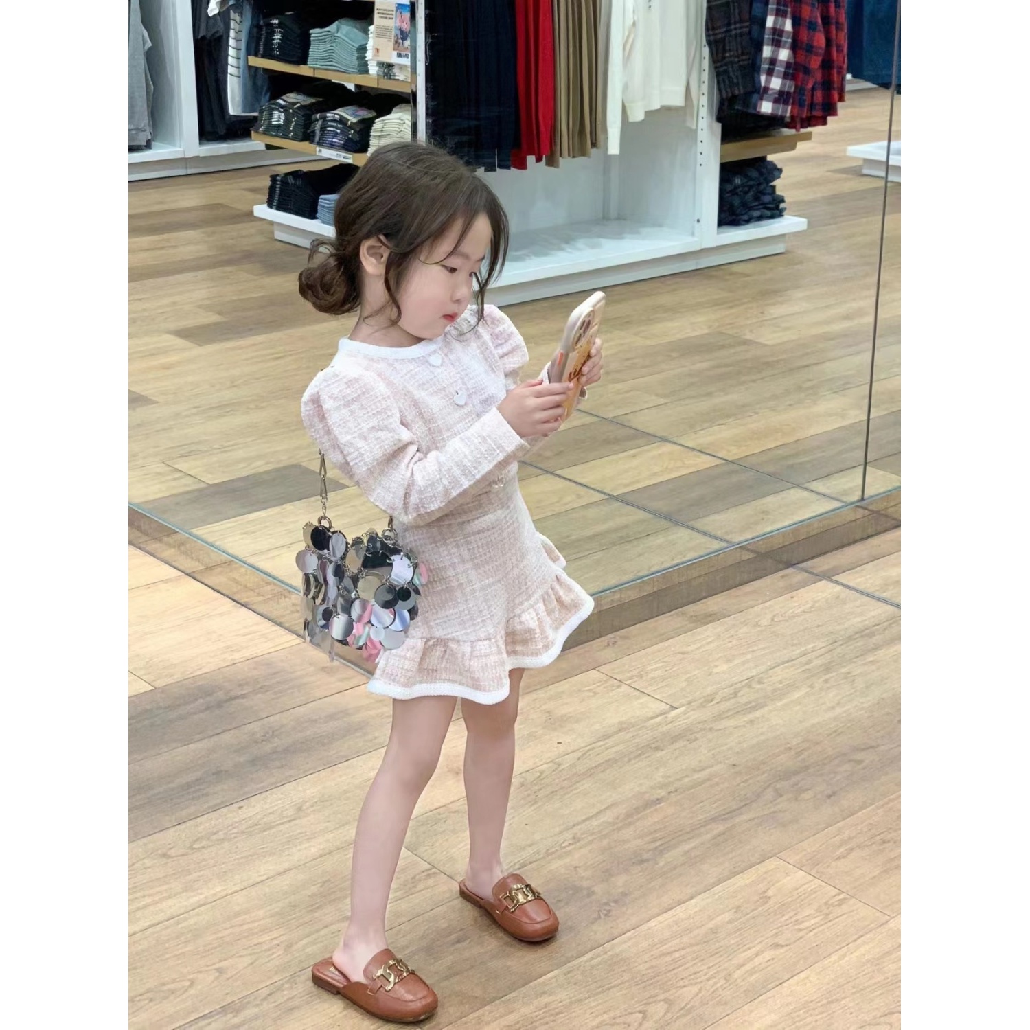 【粉红色小香风】女童春款小香风泡泡长袖针织套裙荷叶边短裙儿童