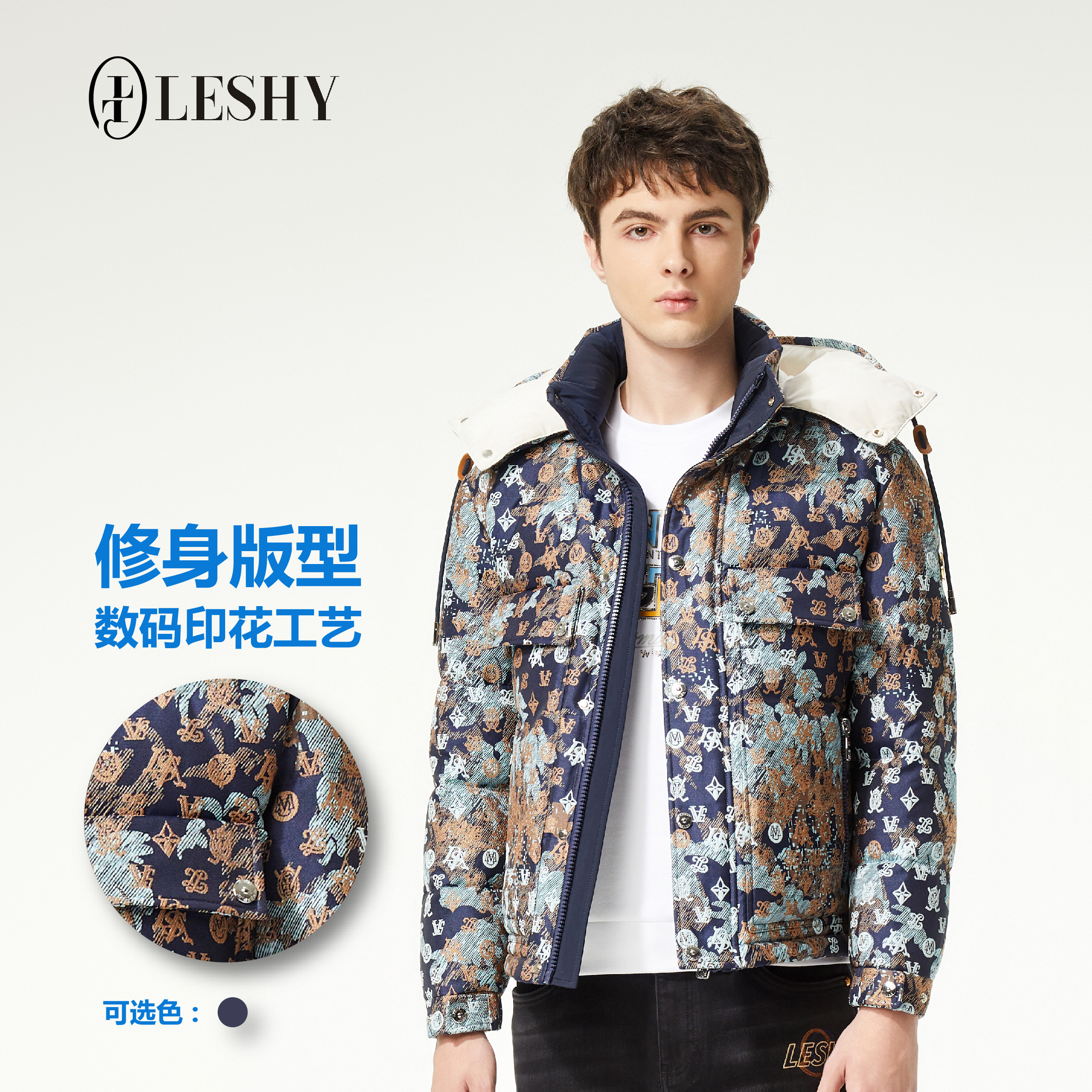 乐士男装24年新款秋冬设计师潮流多满花工艺羽绒服66243M3001