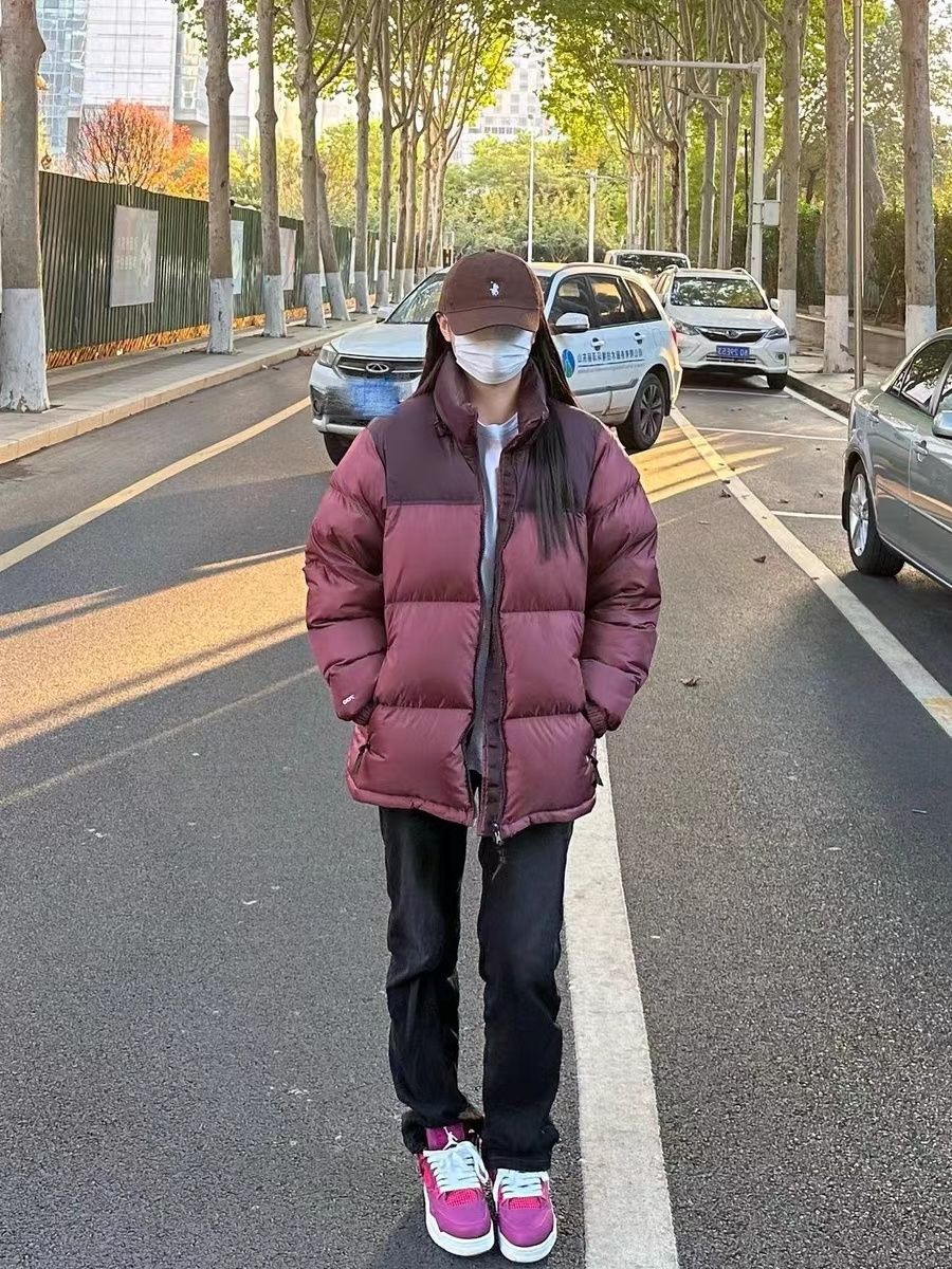 冬季棉服女新款2024酒红色拼接撞色加厚保暖设计感棉袄面包服外套