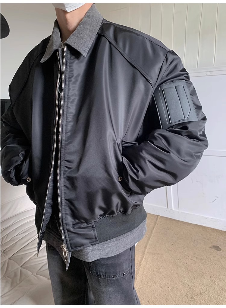 假两件小众拼接设计感翻领棉服外套男宽松冬季厚pu飞行棒球服潮