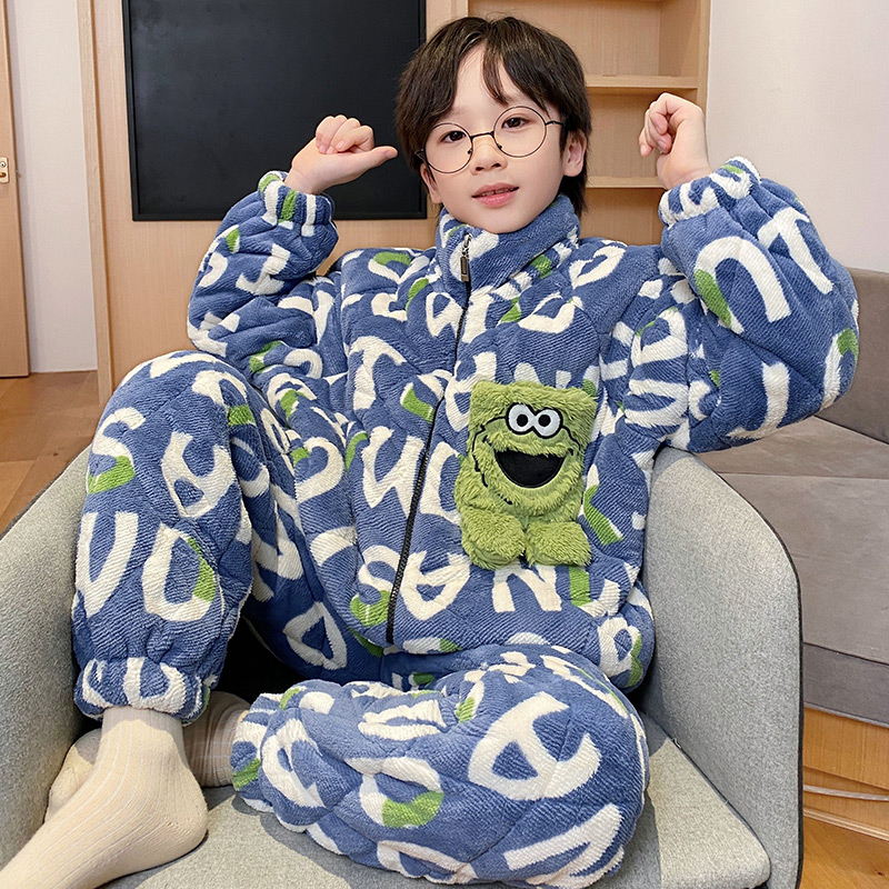YUZHAOLIN/俞兆林男童冬季可外穿法兰绒三层夹棉立领保暖睡衣套装