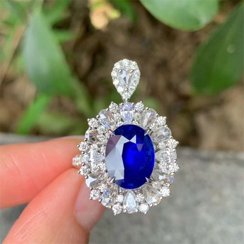  禧上珠宝 18k金镶嵌高品质4.11ct皇家蓝蓝宝石戒指吊坠双用款