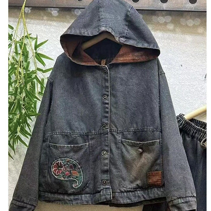 【铃铃】冬款夹棉加厚炒色水洗文艺月牙花牛仔棉袄胸围130衣长64