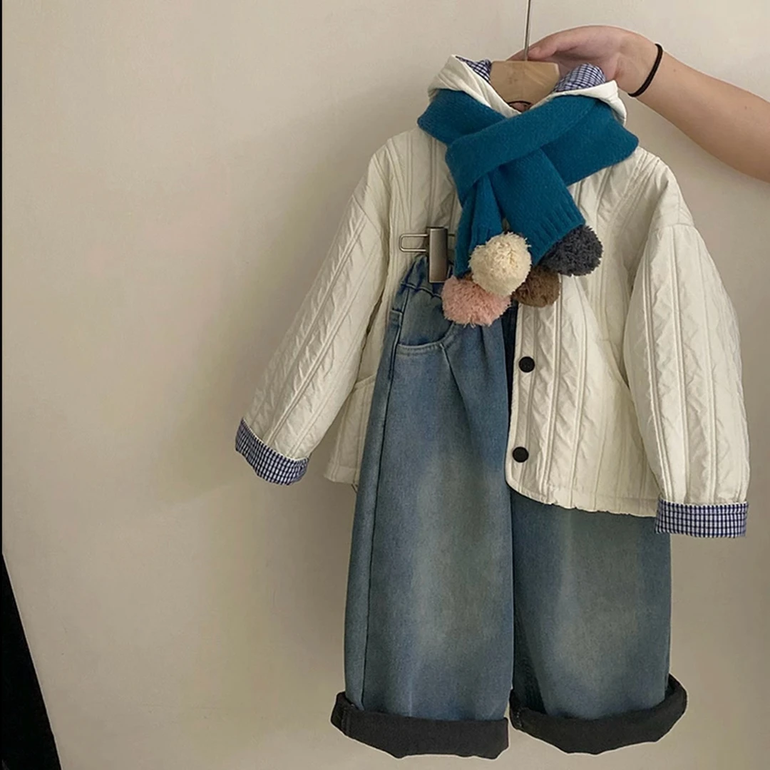韩国童装女童儿童棉服洋气外套秋冬小童女宝宝棉袄时髦牛仔裤套装
