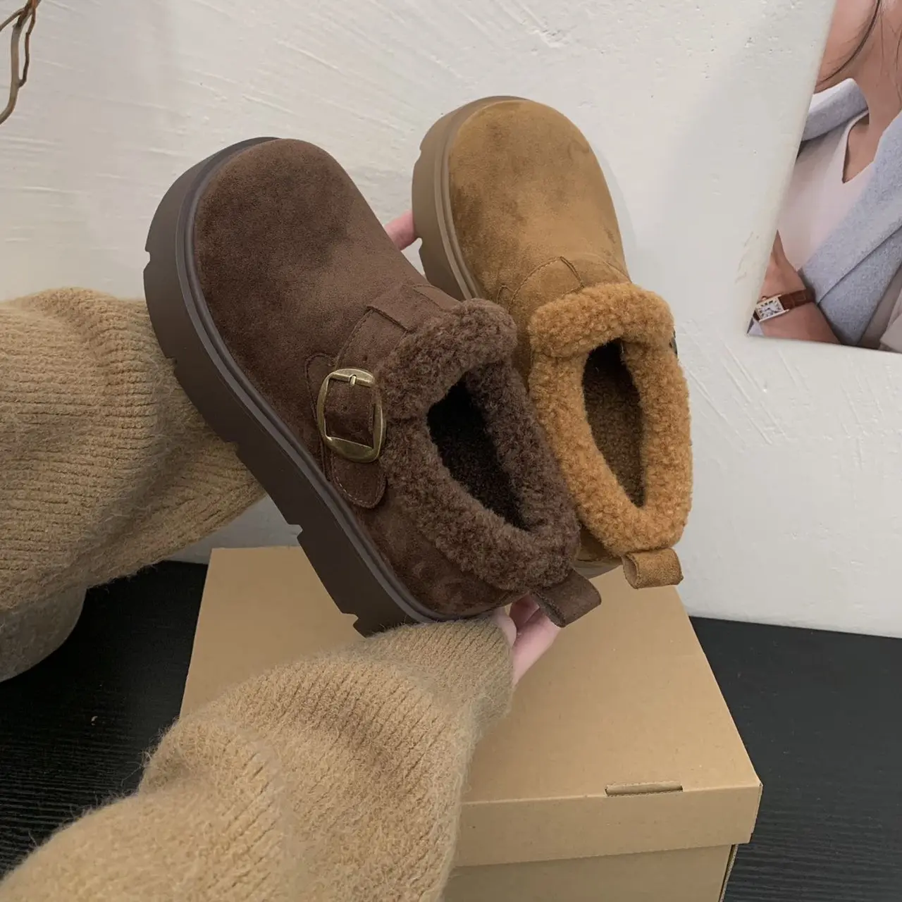 加绒勃肯女鞋小个子全包毛绒博肯鞋一脚蹬休闲厚底5cm棉鞋  8029