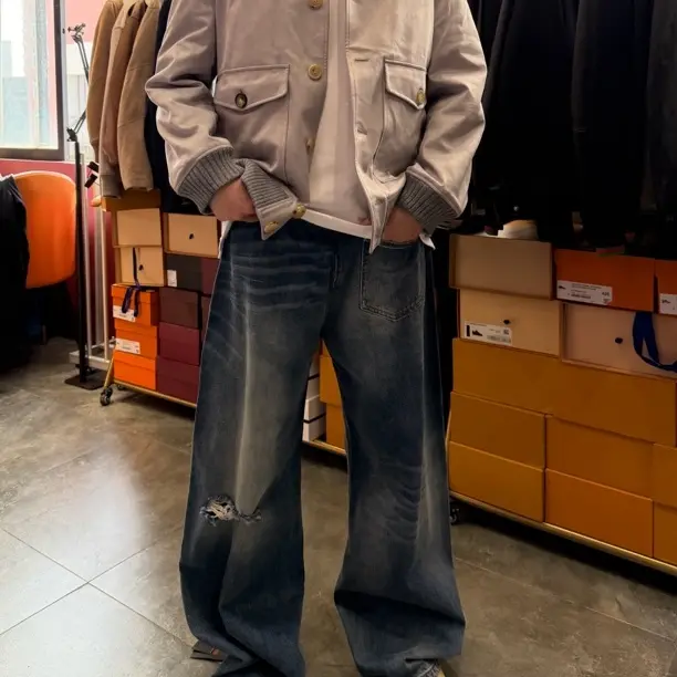 【xof同款】秋季新款男式洗水破洞牛仔裤韩版显瘦休闲宽松阔腿裤