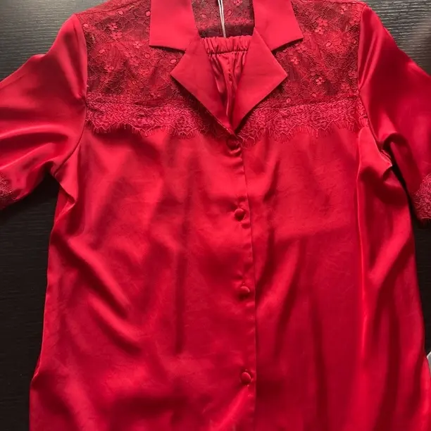 女士冰丝红色长袖秋冬可外穿居家睡衣套装