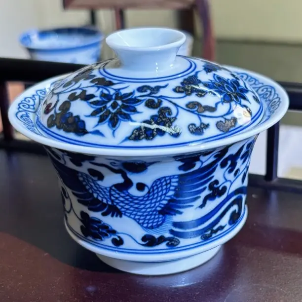 景德镇柴窑手工手绘仿明双凤二才盖碗青花瓷茶杯陶瓷茶具纯手工