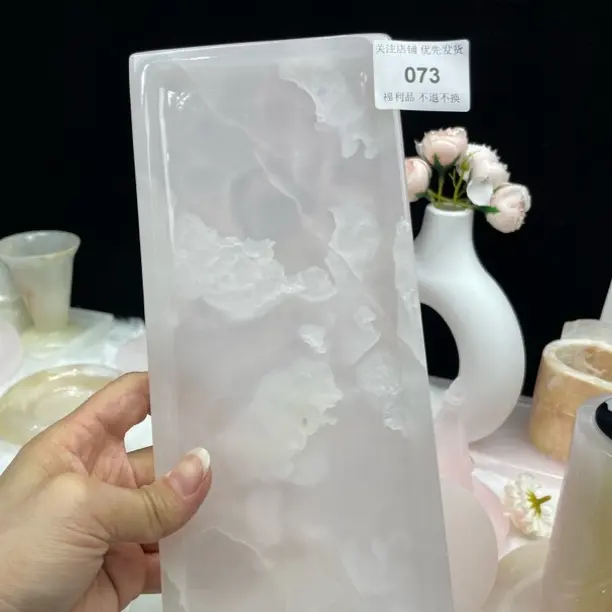 天然大理石粉玉长方形赛道高级轻奢艺术摆件