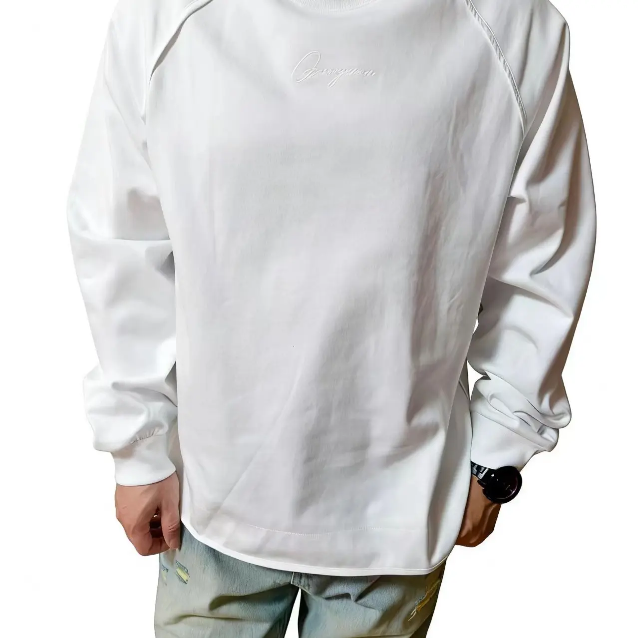 城市慵懒拼接侧拉链休闲圆领卫衣男士宽松百搭刺绣设计感上衣T恤