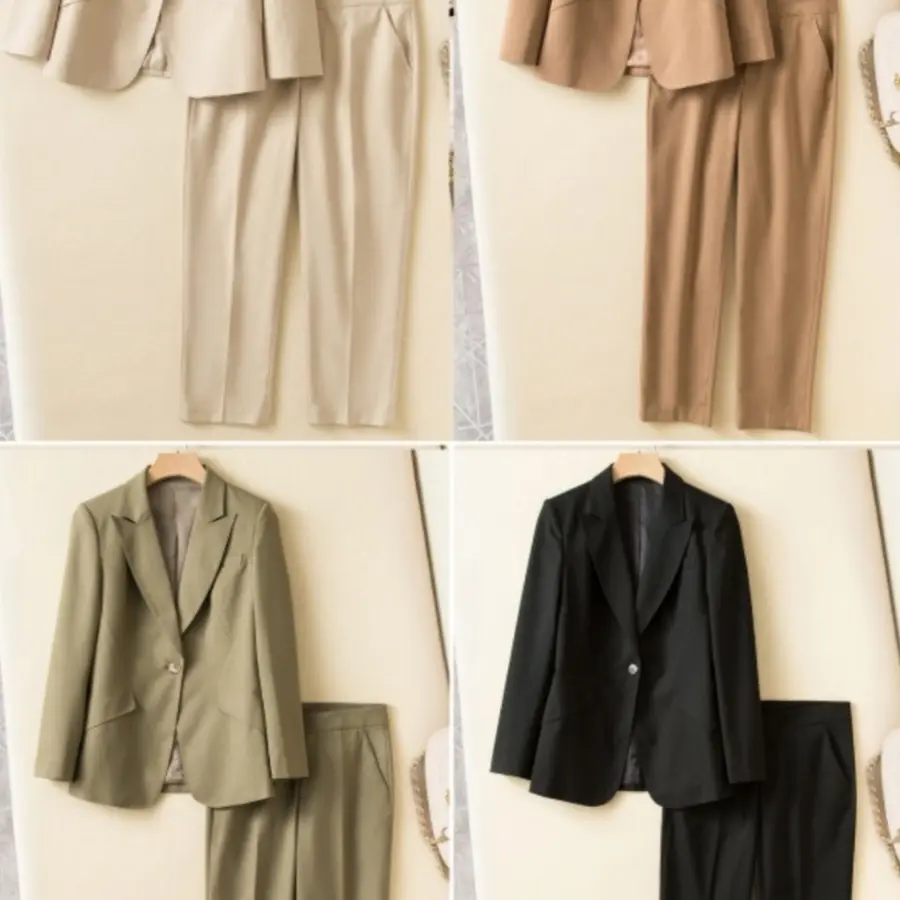 春秋新款收腰一粒扣西装套装女九分裤两件套西服职业正装