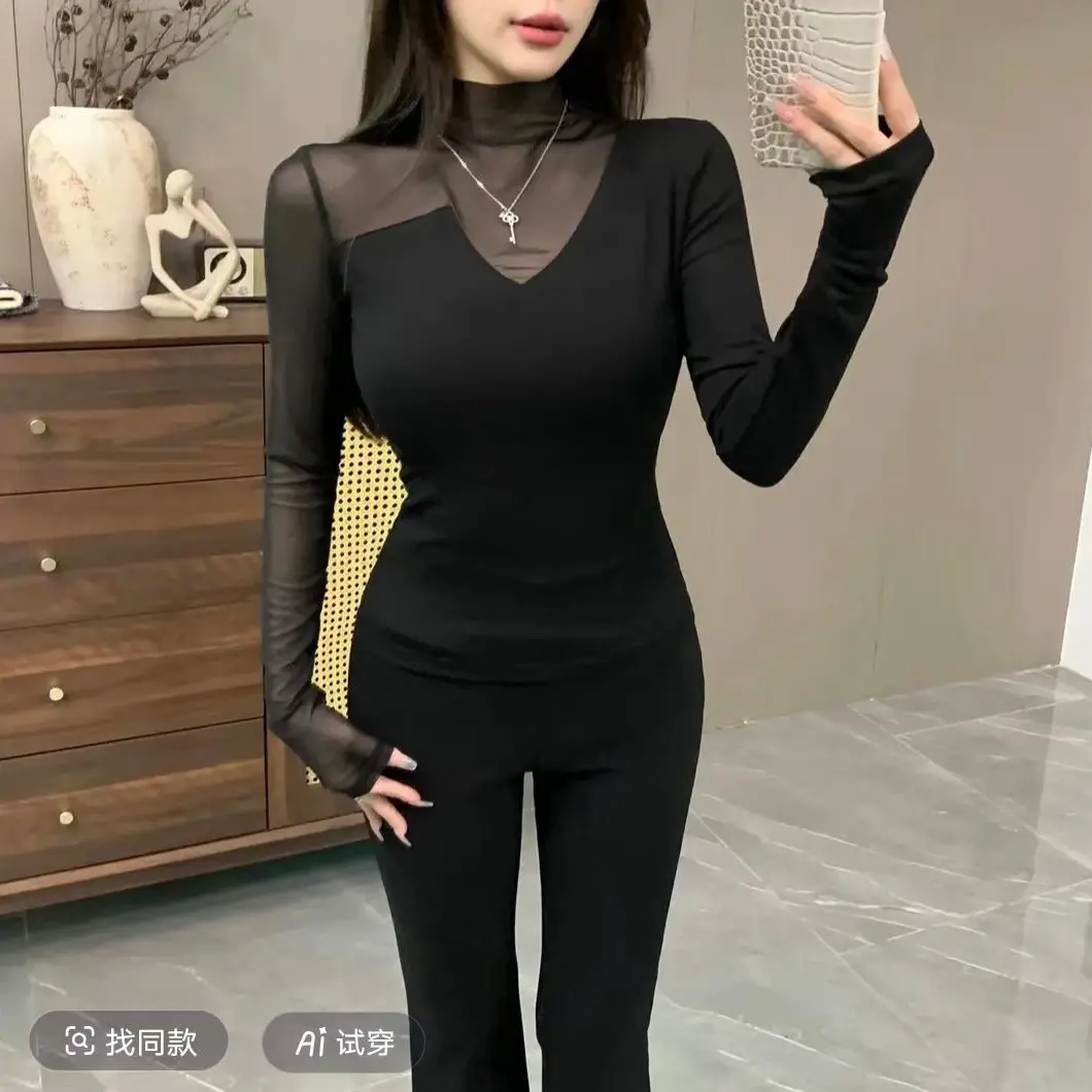 辣妹设计感气质半高领网纱拼接长袖T恤女春秋修身性感打底衫上衣