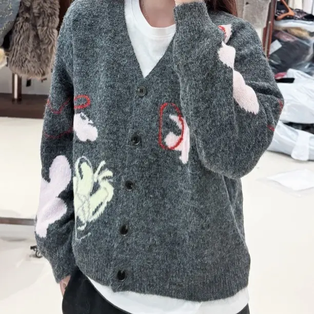 AiLi针织女厚款毛针织衫女装短款毛衫洋气深灰色涂鸦开衫毛衣