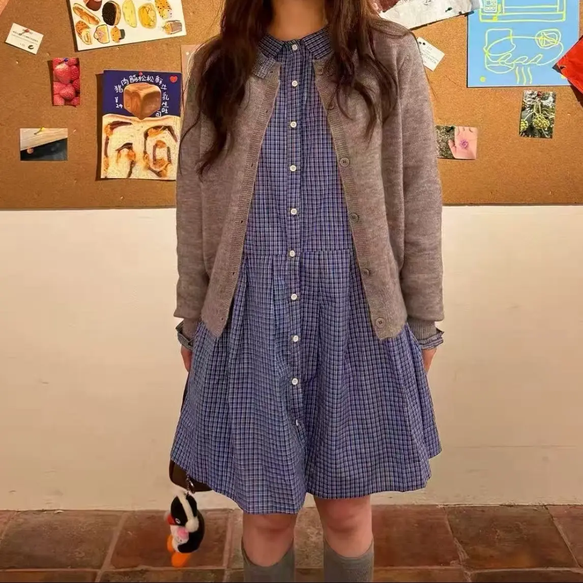 早秋蓝色长袖格子衬衫连衣裙韩系小个子慵懒学院风穿搭套装