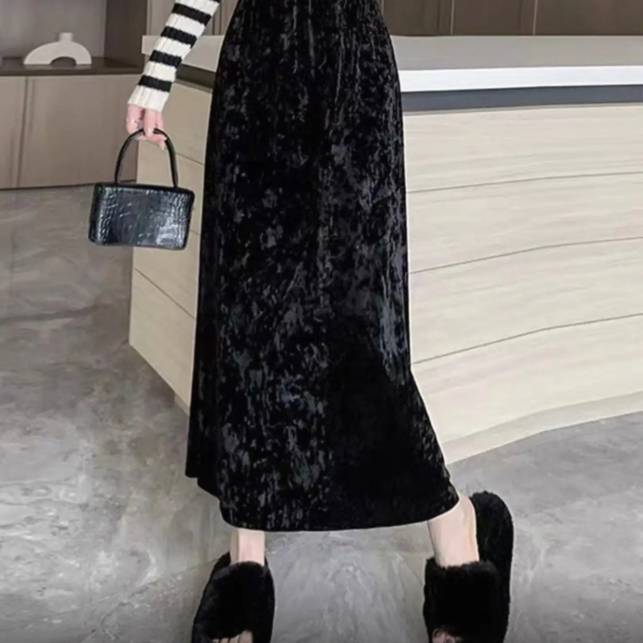 高腰显瘦半身裙秋冬时尚百搭中长款开叉A字裙女装