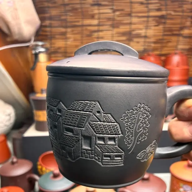 微瑕原矿紫砂带盖满刻江南古韵泡茶办公家用茶杯