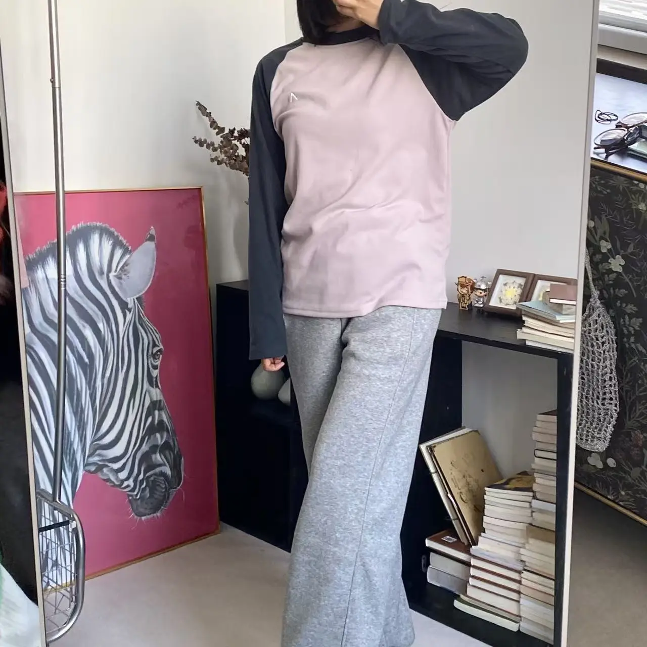 撞色插肩袖圆领长袖T恤宽松型磨毛保暖显瘦休闲风打底上衣