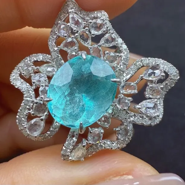 18k金镶嵌大克拉帕拉伊巴碧玺钻石戒指吊坠两用，