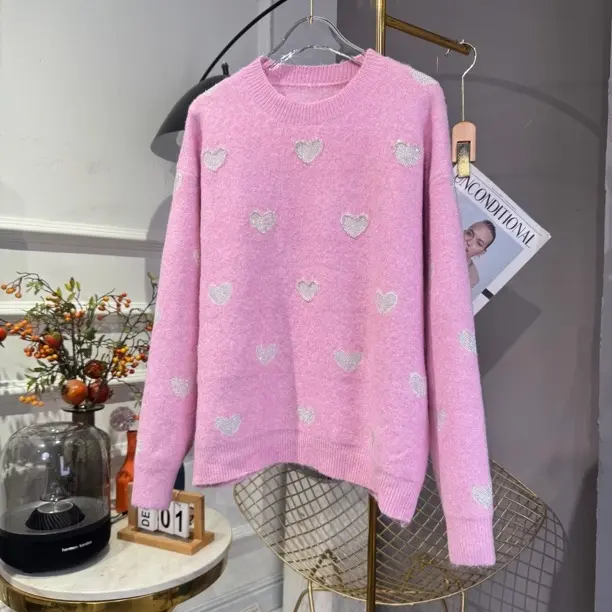 秋冬爱心钉珠针织毛衣女宽松软糯温柔风套头圆领长袖上衣