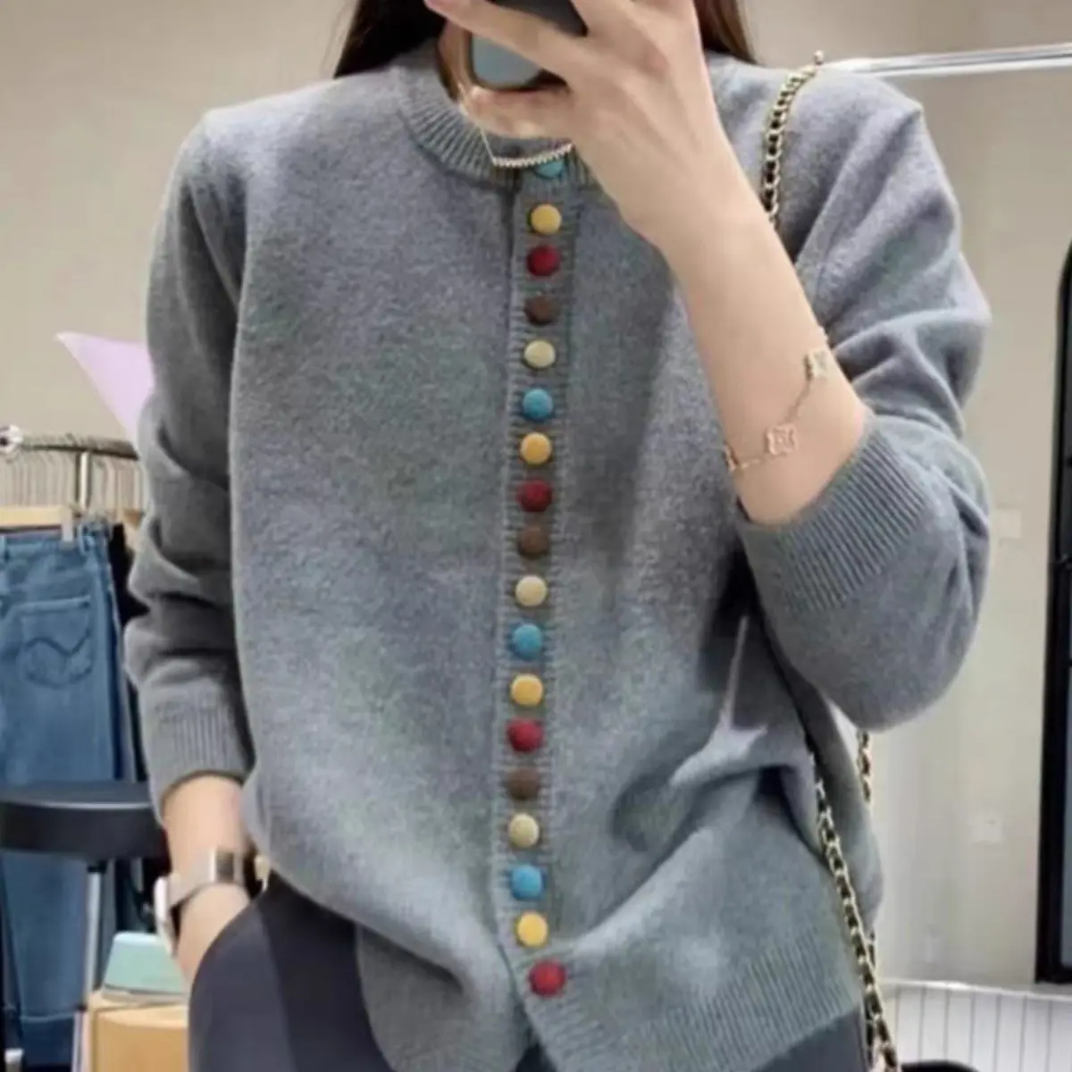 酷芭芭～秋冬226新款彩色扣圆领针织开衫女韩系慵懒风宽松显瘦百搭