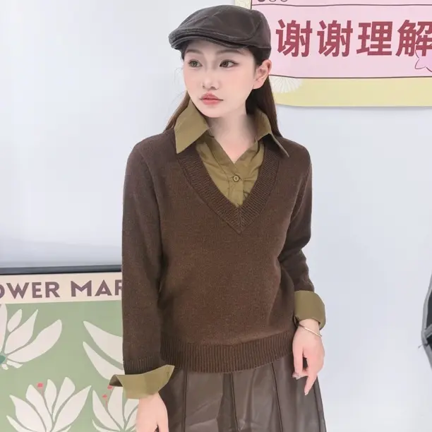 假两件方领撞色拼接针织长袖百搭衫秋季新款显瘦气质上衣