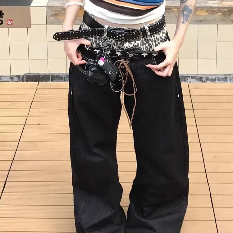 美式街头亚比风豹纹拼接双腰头设计感弯刀牛仔裤男女宽松阔腿长裤